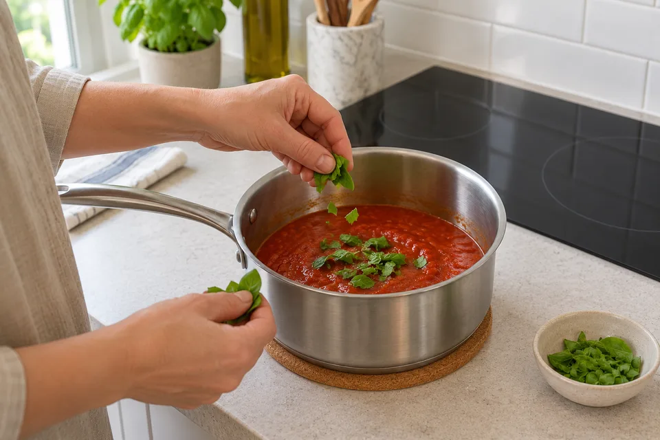 tomato sauce — step 7: Remove from heat and stir in fresh basil. Taste and adjust salt or add sugar if the sauce is too acidic.