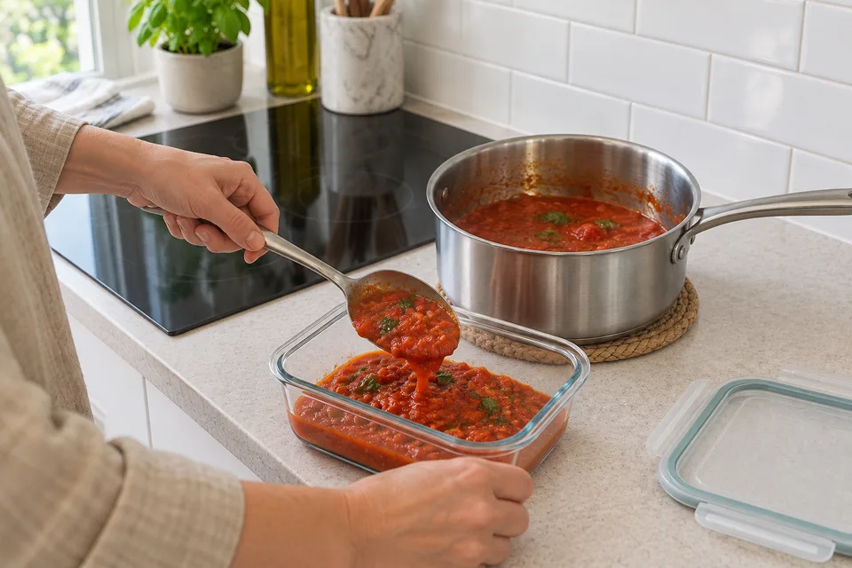 tomato sauce — step 8: Use immediately, or transfer promptly to shallow covered containers and refrigerate within 2 hours of preparation, or within 1 hour above 90°F (32°C). Keep at 40°F (4°C) or below; do not wait for the sauce to reach room temperature.