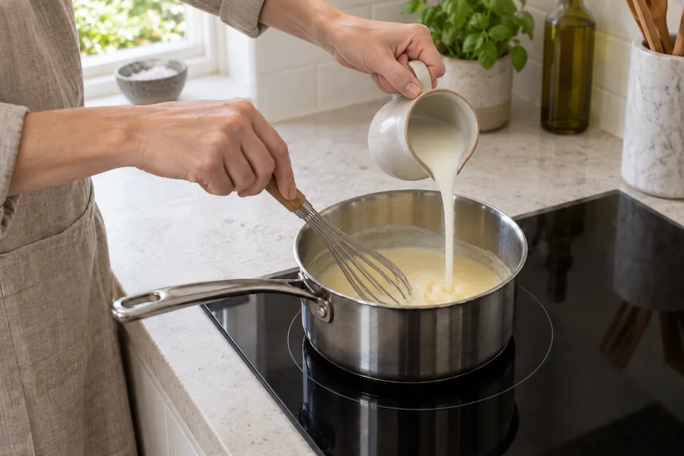 cheese sauce — step 3: Gradually pour in milk while whisking to prevent lumps, then cook over medium heat until the sauce thickens, about 5 to 7 minutes.