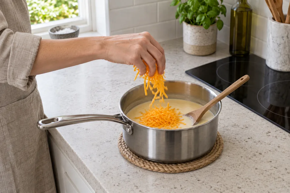 cheese sauce — step 4: Remove the pan from heat and stir in shredded cheddar, a handful at a time, until fully melted and smooth.