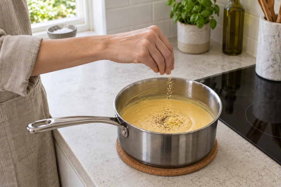 cheese sauce — step 5: Season with salt, pepper, and dry mustard powder, then serve immediately or keep warm over low heat.