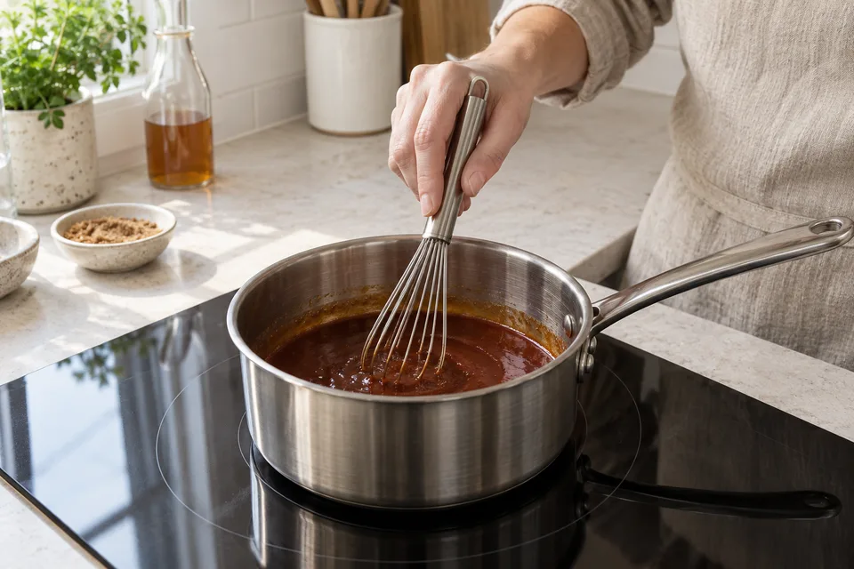 homemade bbq sauce — step 1: Combine ketchup, apple cider vinegar, brown sugar, and Worcestershire sauce in a small saucepan over medium heat.