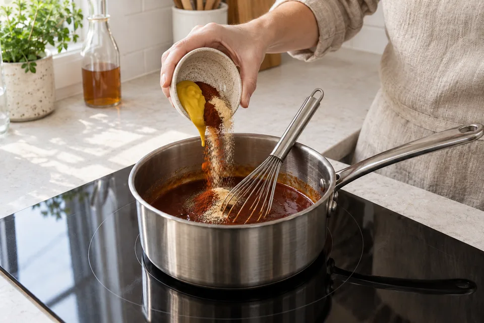 homemade bbq sauce — step 2: Whisk in yellow mustard, smoked paprika, garlic powder, onion powder, black pepper, cayenne, and salt until fully incorporated.