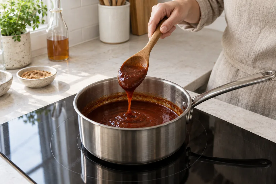 homemade bbq sauce — step 4: Reduce heat to low and cook uncovered for 20 to 25 minutes, stirring occasionally, until the sauce thickens and coats the back of a spoon.