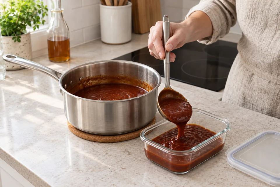 homemade bbq sauce — step 5: Taste and adjust sweetness, acidity, or heat as needed. Remove from heat. Serve immediately, or transfer promptly to shallow covered containers and refrigerate within 2 hours of preparation, or within 1 hour above 90°F (32°C). Keep at 40°F (4°C) or below; do not wait for the sauce to reach room temperature.