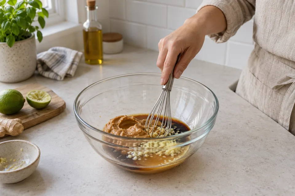 peanut sauce — step 1: Combine peanut butter, soy sauce, lime juice, honey, sesame oil, garlic, and ginger in a medium bowl.