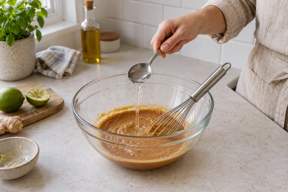 peanut sauce — step 4: Add warm water or coconut milk one tablespoon at a time, whisking after each addition, until the sauce reaches a pourable consistency.