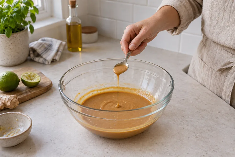peanut sauce — step 5: Taste and adjust seasoning with additional lime juice, soy sauce, or sweetener as needed.