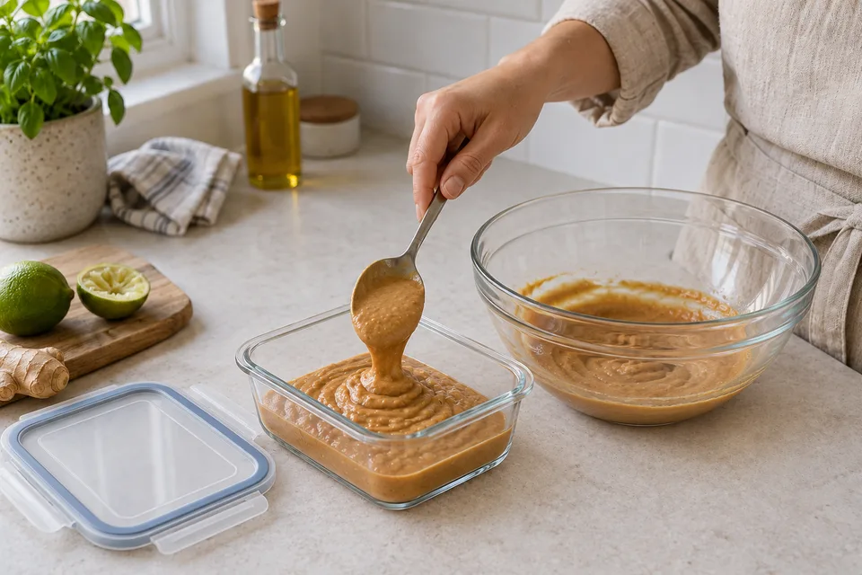 peanut sauce — step 6: Serve immediately, or transfer promptly to shallow covered containers and refrigerate within 2 hours of preparation, or within 1 hour above 90°F (32°C). Keep at 40°F (4°C) or below; do not wait for the sauce to reach room temperature.
