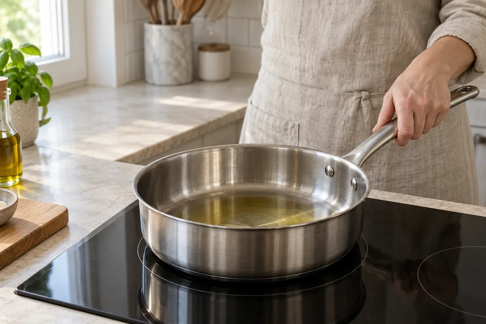 pomodoro sauce — step 1: Heat olive oil in a wide saucepan over medium heat.