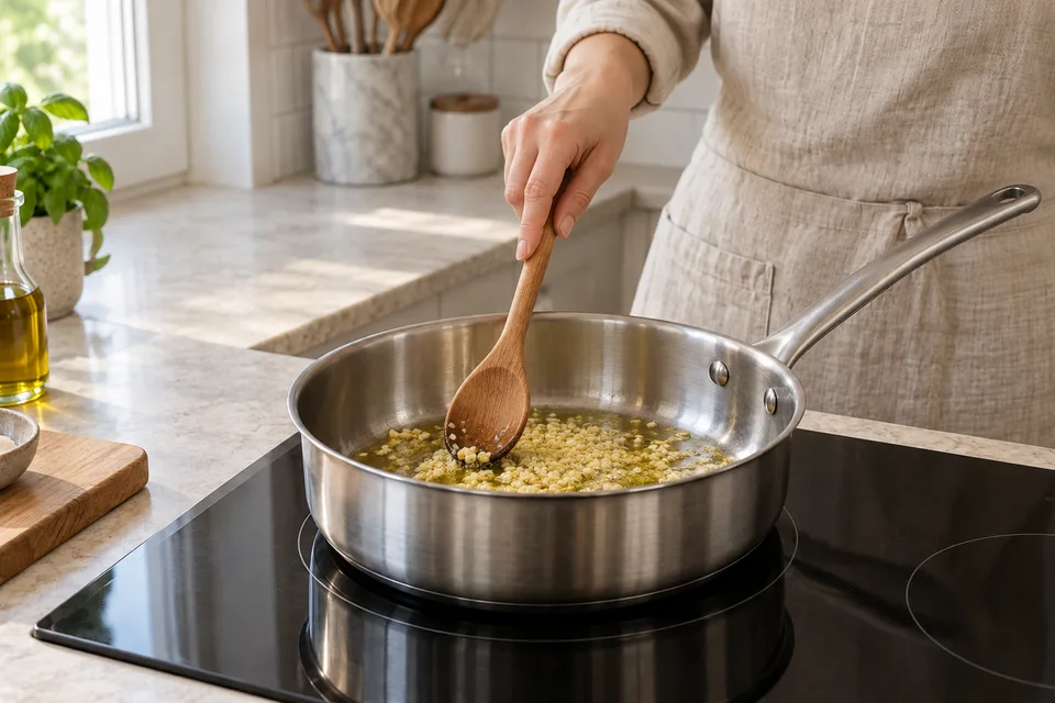 pomodoro sauce — step 2: Add garlic and cook, stirring, until fragrant and just golden, about 2 minutes. Do not let it brown.