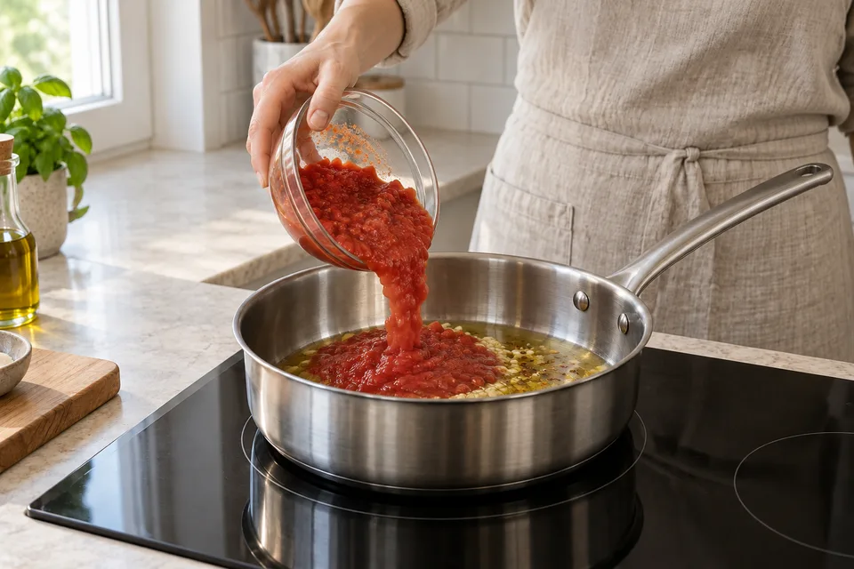 pomodoro sauce — step 3: Add crushed tomatoes and red pepper flakes if using. Stir to combine.