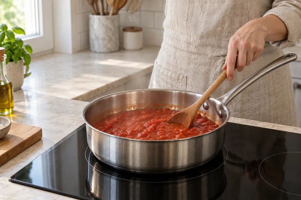 pomodoro sauce — step 4: Simmer uncovered over medium-low heat for 15 to 18 minutes, stirring occasionally, until the sauce thickens slightly.
