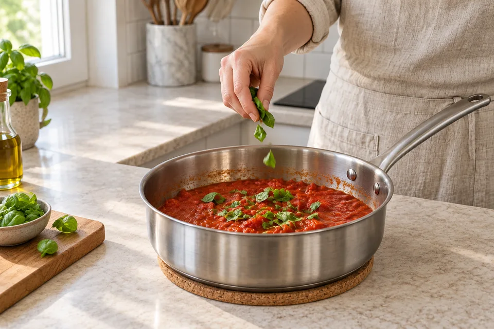 pomodoro sauce — step 5: Remove from heat, season with salt, and tear basil leaves directly into the sauce.