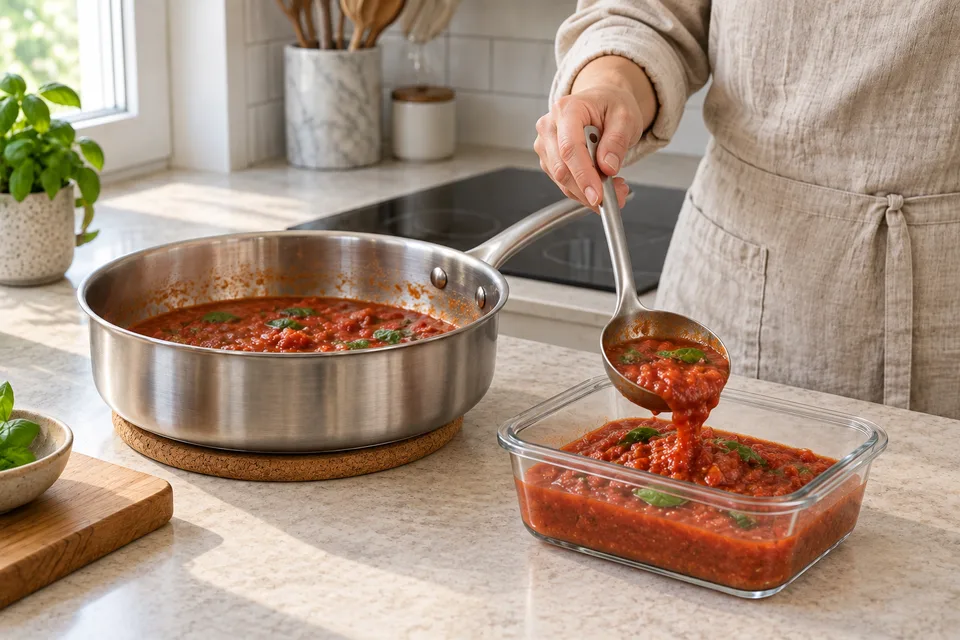 pomodoro sauce — step 6: Stir once and serve immediately, or transfer promptly to shallow covered containers and refrigerate within 2 hours of preparation, or within 1 hour above 90°F (32°C). Keep at 40°F (4°C) or below; do not wait for the sauce to reach room temperature.