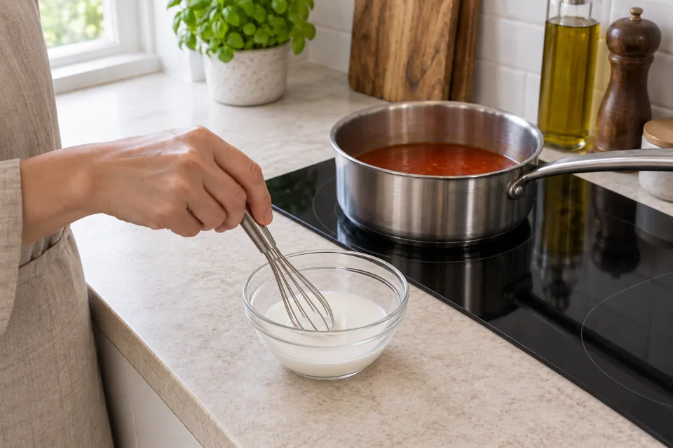 sweet and sour sauce — step 3: Whisk cornstarch and cold water together in a small bowl until smooth to form a slurry.