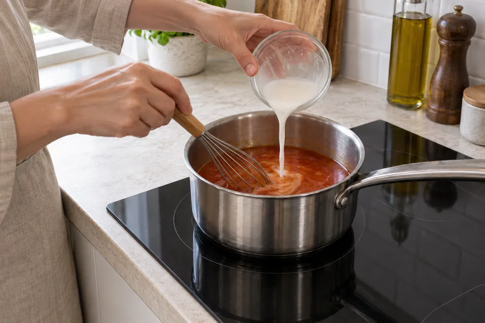 sweet and sour sauce — step 4: Pour the cornstarch slurry into the simmering sauce while stirring constantly.