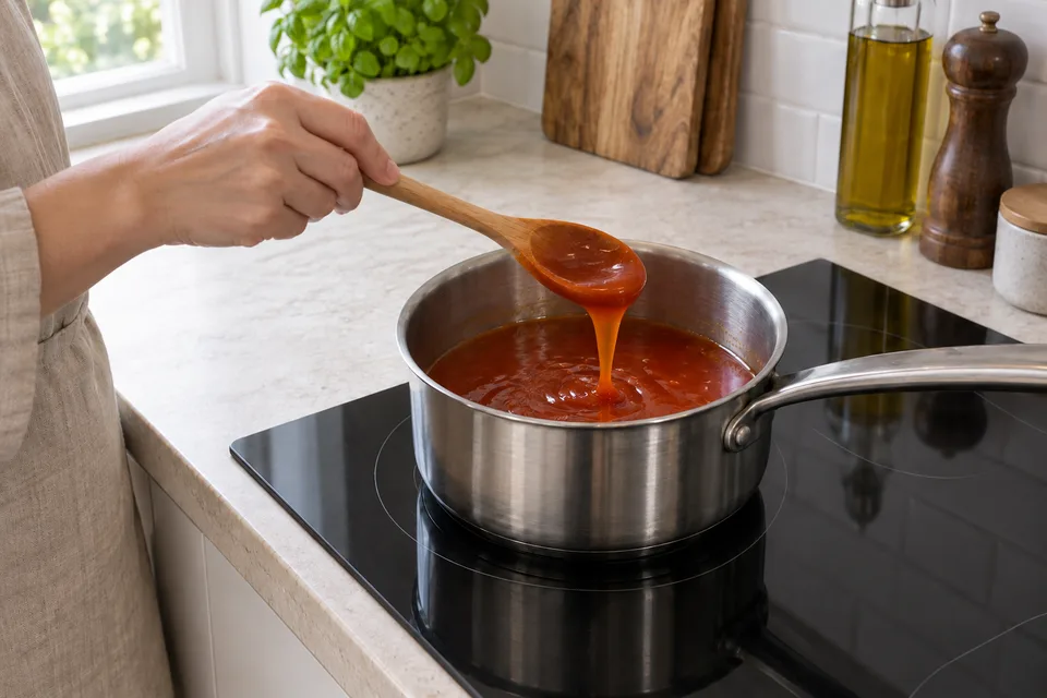 sweet and sour sauce — step 5: Continue to cook, stirring, for 2 to 3 minutes until the sauce thickens and turns glossy.