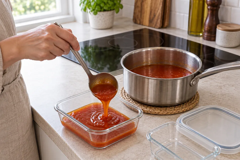 sweet and sour sauce — step 6: Remove from heat. Serve immediately, or transfer promptly to shallow covered containers and refrigerate within 2 hours of preparation, or within 1 hour above 90°F (32°C). Keep at 40°F (4°C) or below; do not wait for the sauce to reach room temperature.