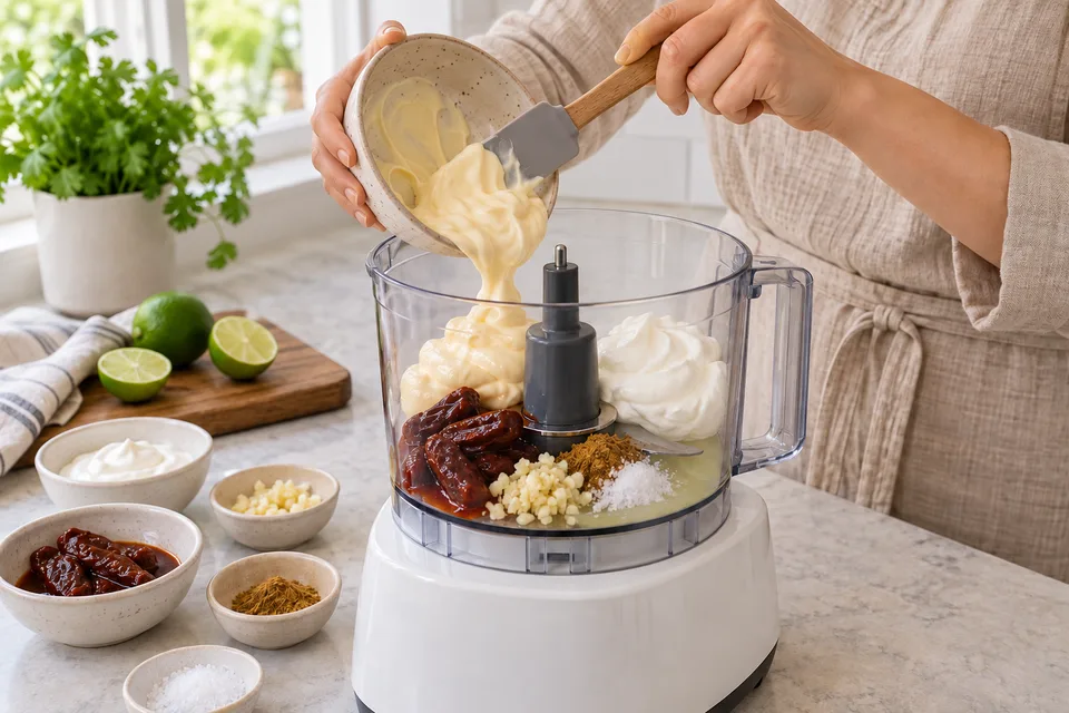 chipotle sauce — step 1: Combine chipotle peppers, adobo sauce, mayonnaise, sour cream, garlic, lime juice, cumin, and salt in a blender or food processor.