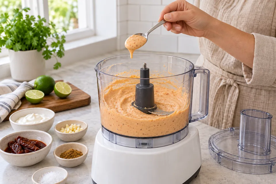 chipotle sauce — step 3: Taste and adjust heat by adding an additional pepper, or reduce spice by removing seeds before blending.