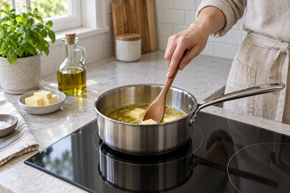 garlic parmesan sauce — step 1: Melt butter with olive oil in a small saucepan over medium-low heat.