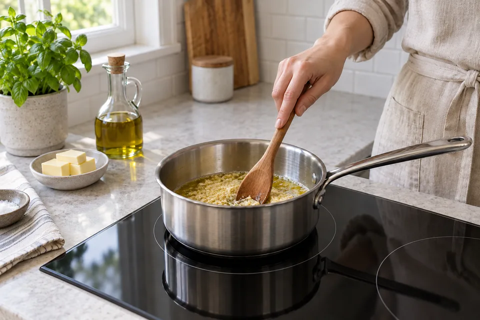 garlic parmesan sauce — step 2: Add minced garlic and cook, stirring frequently, for 2 to 3 minutes until fragrant but not browned.