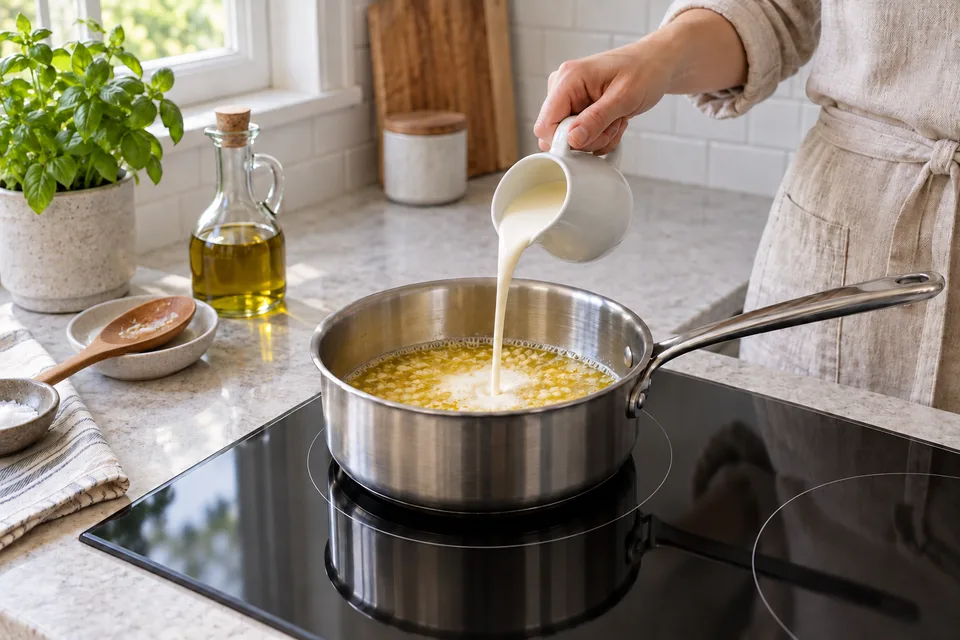 garlic parmesan sauce — step 3: Pour in heavy cream, raise heat to medium, and simmer for 5 to 6 minutes until the cream reduces by about one-quarter.