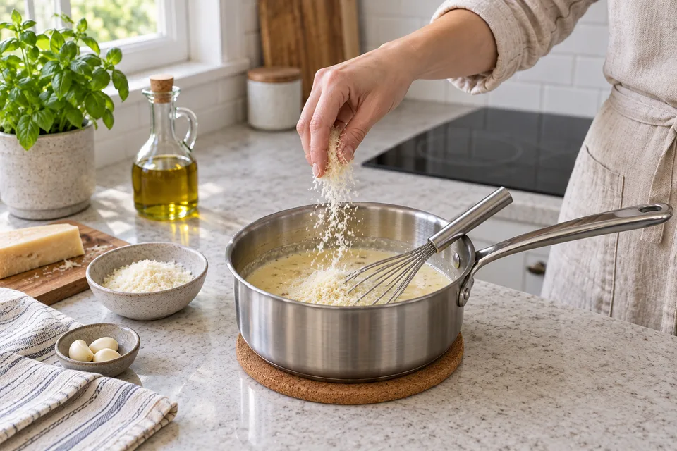 garlic parmesan sauce — step 4: Remove the pan from heat and whisk in grated Parmesan until fully melted and the sauce is smooth.