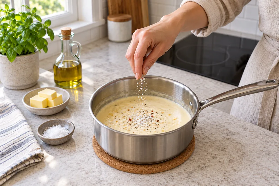 garlic parmesan sauce — step 5: Season with salt, black pepper, and red pepper flakes if using. Serve immediately or keep warm over very low heat.