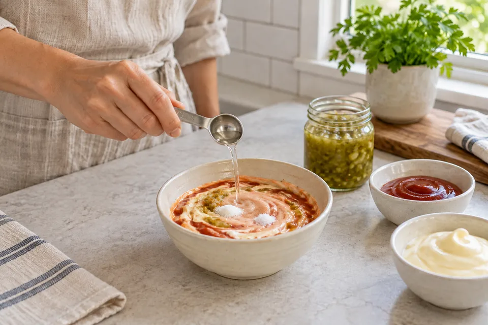 in and out sauce — step 2: Add white vinegar, sugar, and salt.