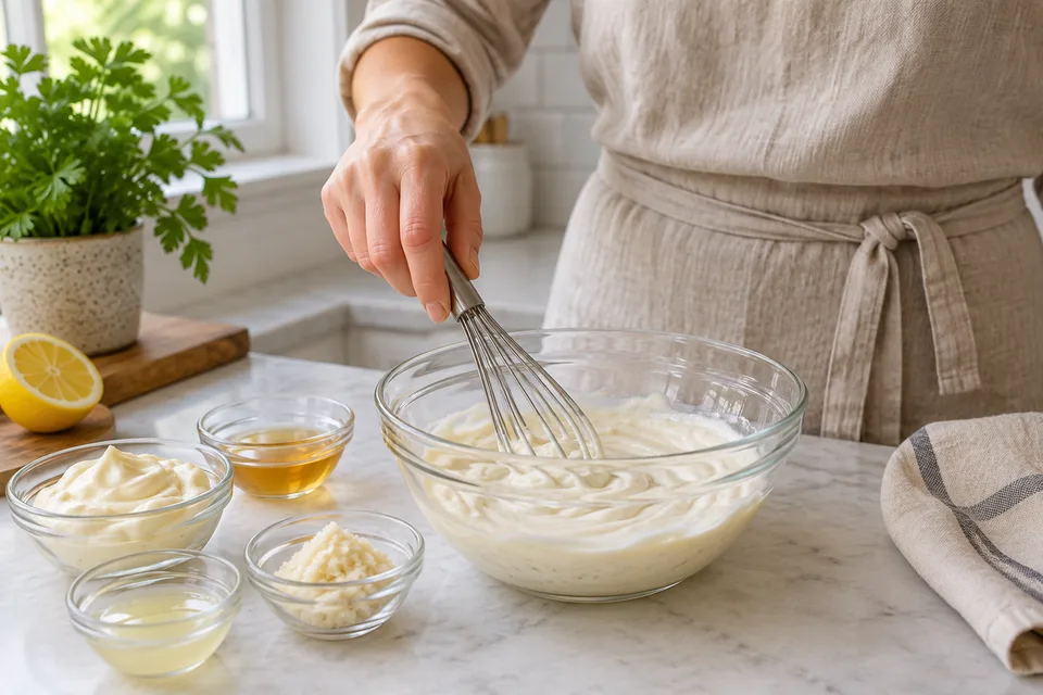 white bbq sauce — step 1: Combine mayonnaise, apple cider vinegar, horseradish, and lemon juice in a medium bowl.