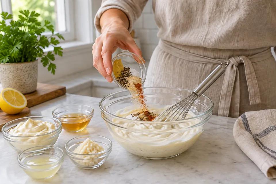 white bbq sauce — step 2: Add yellow mustard, black pepper, salt, garlic powder, and cayenne pepper.