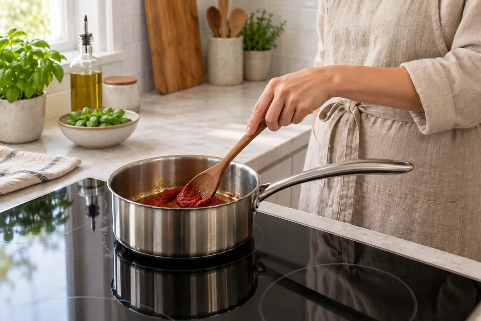how to make tomato sauce from tomato paste — step 3: Add tomato paste and stir constantly for 2 minutes to caramelize slightly and reduce raw flavor.