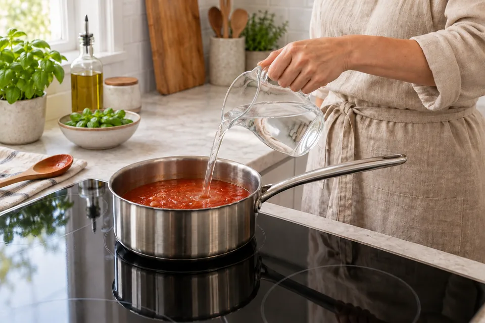 how to make tomato sauce from tomato paste — step 4: Pour in water or broth gradually, whisking to combine until smooth.