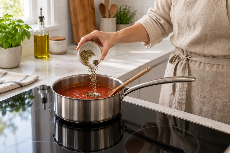 how to make tomato sauce from tomato paste — step 5: Stir in oregano, basil, sugar, salt, and black pepper.