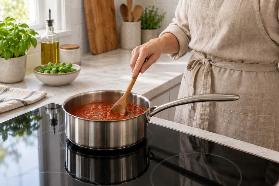 how to make tomato sauce from tomato paste — step 6: Reduce heat to medium-low and simmer uncovered for 10 to 12 minutes, stirring occasionally, until the sauce thickens to your preferred consistency.