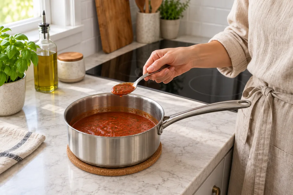 how to make tomato sauce from tomato paste — step 7: Taste and adjust salt, pepper, or sugar before serving.