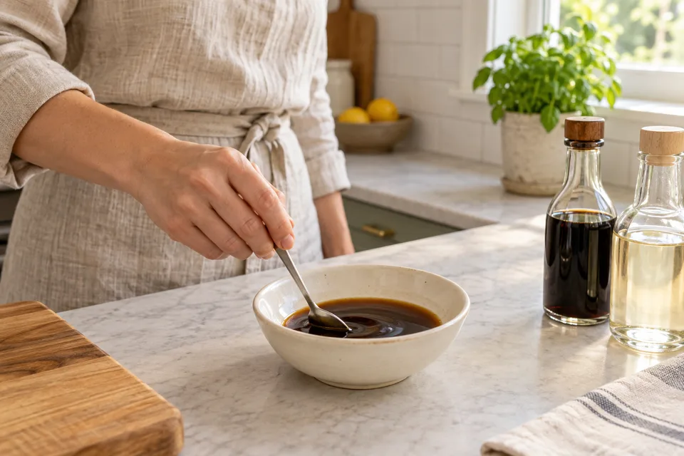 potsticker sauce — step 1: Combine soy sauce and rice vinegar in a small bowl and stir to mix.