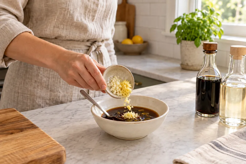 potsticker sauce — step 2: Add sesame oil, minced garlic, and grated ginger; stir to incorporate.