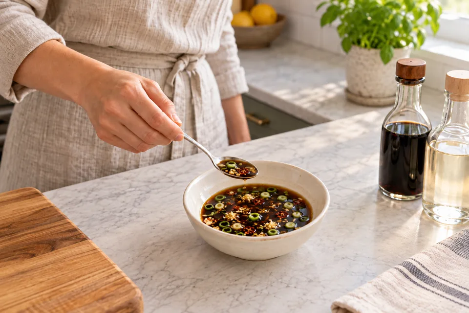 potsticker sauce — step 4: Taste and adjust vinegar or chili flakes to preference.