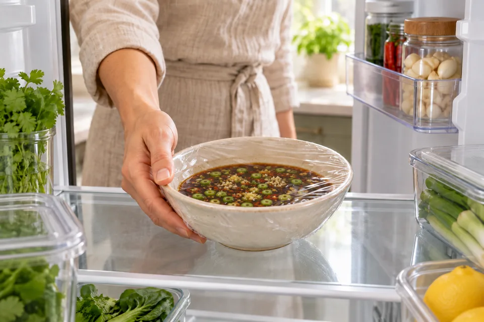 potsticker sauce — step 5: Serve immediately alongside potstickers, or transfer promptly to shallow covered containers and refrigerate within 2 hours of preparation, or within 1 hour above 90°F (32°C). Keep at 40°F (4°C) or below; do not wait for the sauce to reach room temperature.
