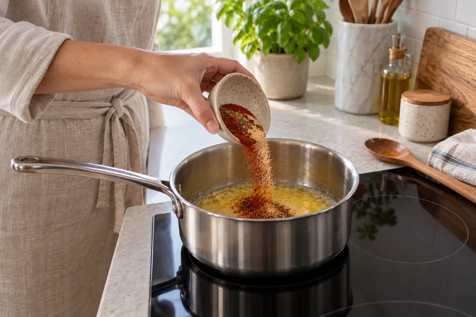 seafood boil sauce — step 3: Stir in Old Bay, cayenne, smoked paprika, and onion powder; cook for 1 minute.