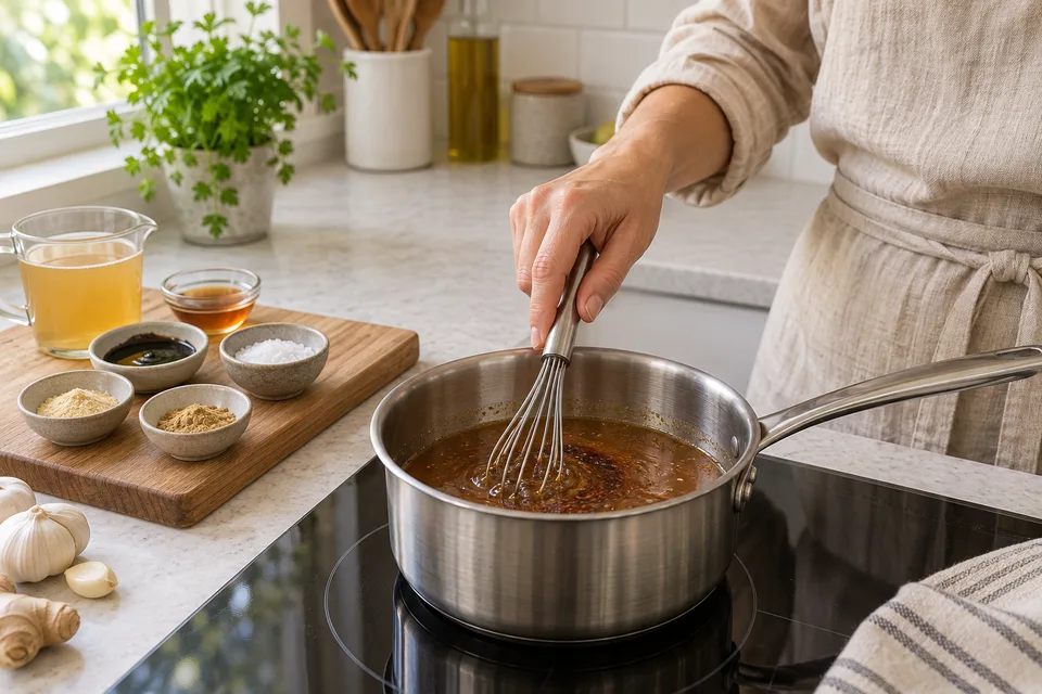 soy sauce substitute — step 1: Combine broth, apple cider vinegar, molasses, salt, garlic powder, and ground ginger in a small saucepan.