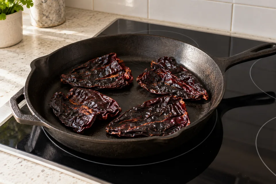 adobo sauce — step 1: Toast dried ancho chiles in a dry skillet over medium heat for 30 seconds per side until fragrant; do not scorch.