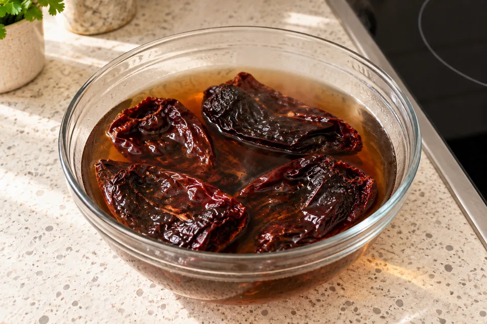 adobo sauce — step 2: Transfer toasted chiles to a bowl, cover with boiling water, and soak for 15 minutes until softened.