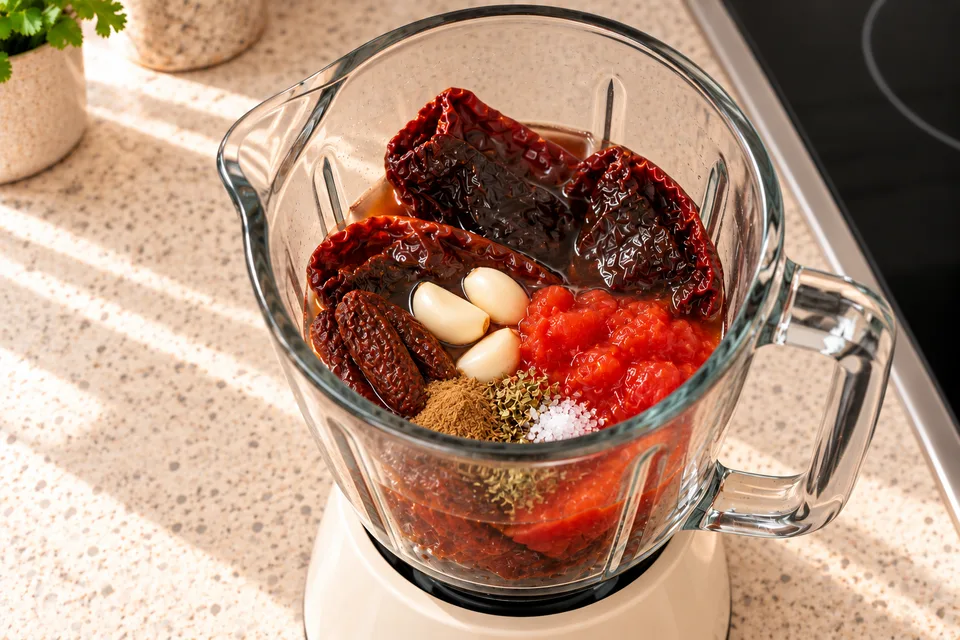 adobo sauce — step 4: Add chipotle chiles, vinegar, garlic, crushed tomatoes, cumin, oregano, salt, and 1 cup water to the blender.