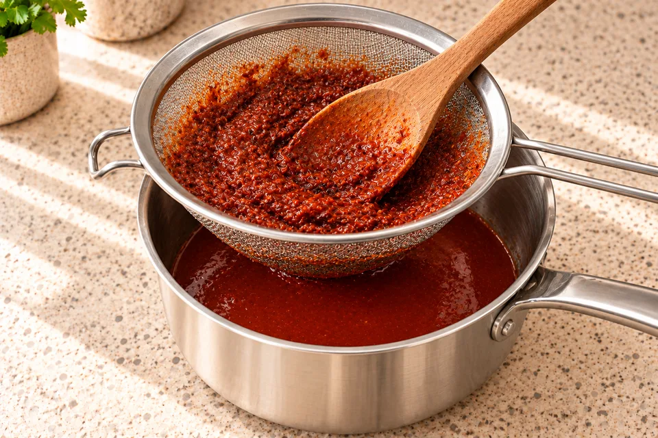 adobo sauce — step 6: Pour the blended sauce through a fine-mesh strainer into a saucepan, pressing solids through.
