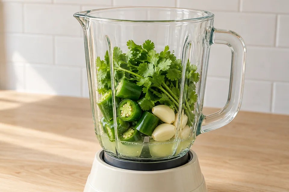 Aji verde — step 1: Combine jalapeños, cilantro, garlic, and lime juice in a blender or food processor.