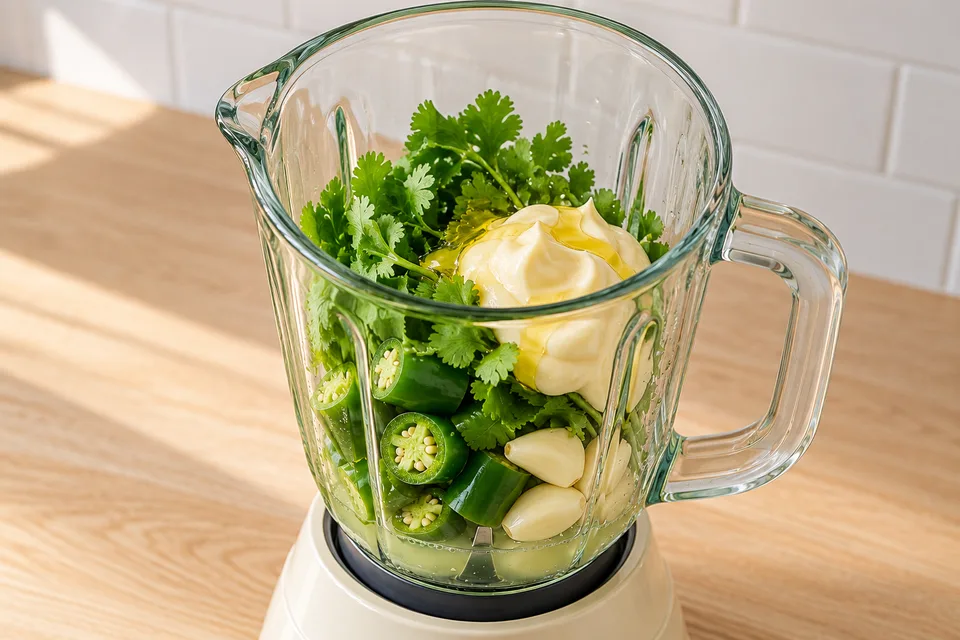 Aji verde — step 2: Add mayonnaise and olive oil to the blender.